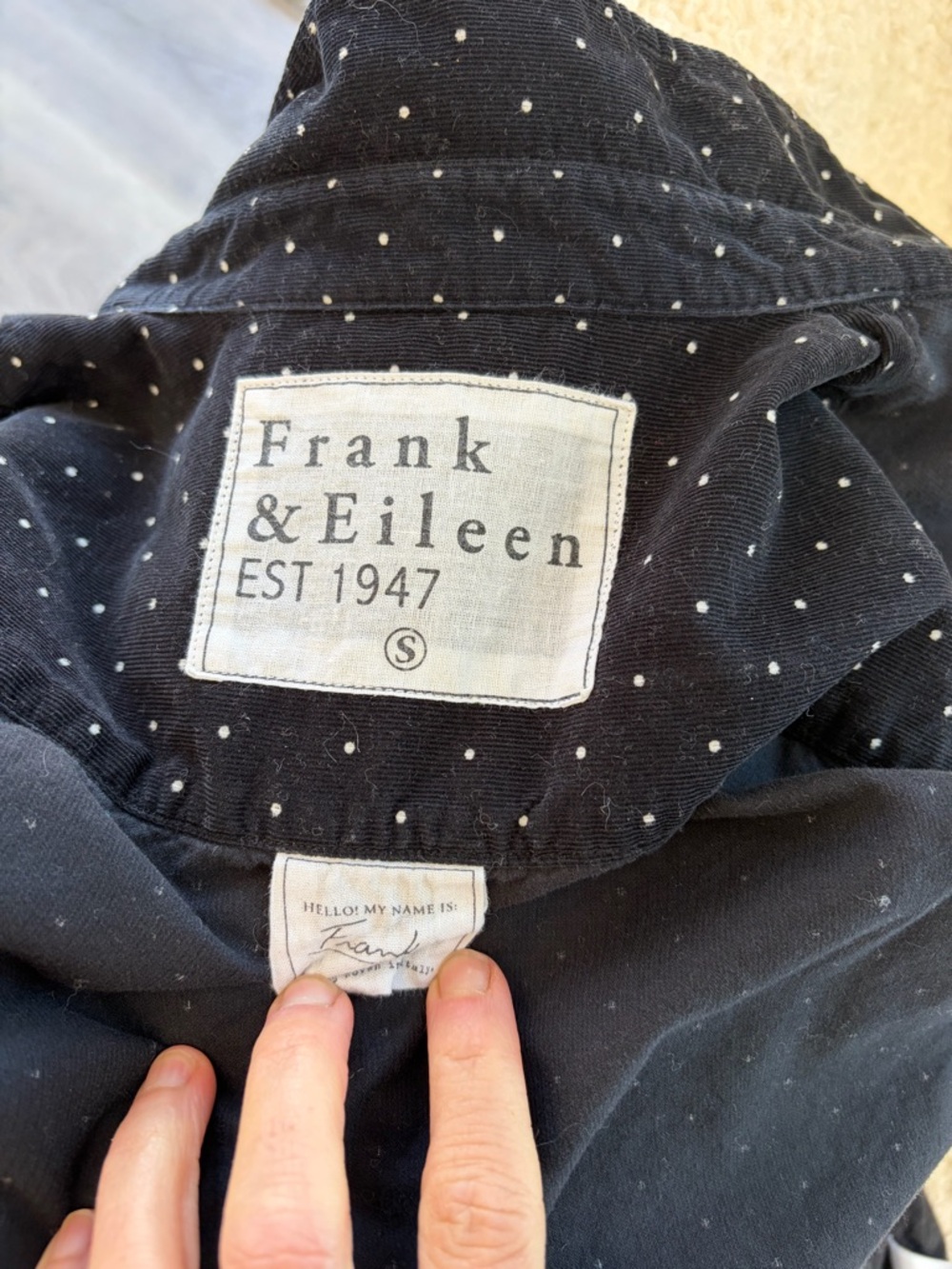 Frank & Eileen Frank Corduroy Button Up Black Polka Dot Shirt, Small - Picture 2 of 8